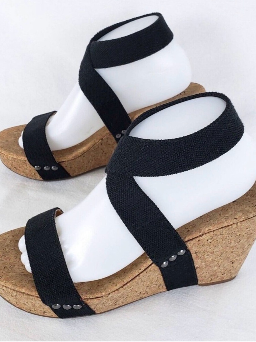 Lucky Brand Cork Wedge Sandals Womens 9 Maxyne Black Ankle Strap Summer Vacation